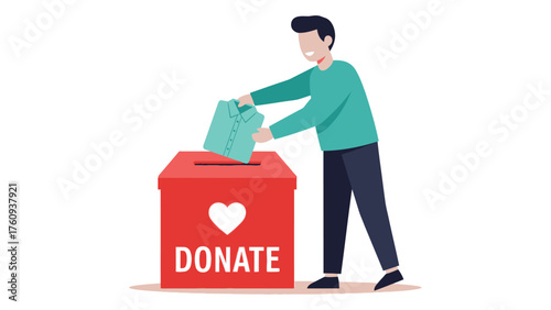 Man donating a shirt to a donation box vector illustration for charity and giving concepts isolated on white background