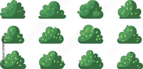 Green Garden Bushes Cartoon Set Isolated on White Background, Detailed Style