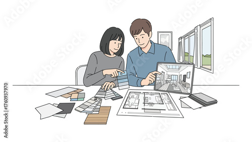 Couple planning home interior design reviewing color swatches and blueprints on a tablet vector illustration for renovation or remodeling projects