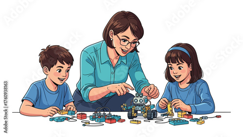 Mother playing with children building a robot toy together a fun family activity in a cartoon vector illustration