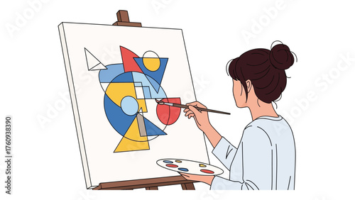 Young woman painting abstract geometric shapes on canvas artistic expression and creative hobby vector illustration isolated on white background