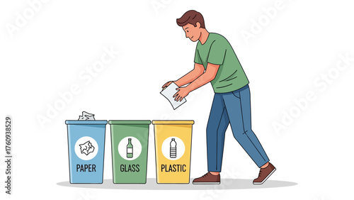 Man recycling paper into a yellow bin sorting waste into different containers vector illustration isolated on white background