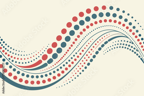 Vector art of abstract dotted wave pattern with red and blue circles on beige background