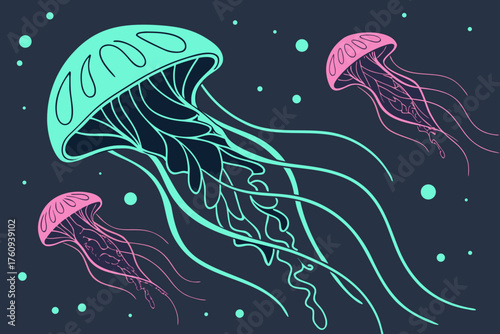 Vector art of three jellyfish in the deep sea with glowing neon colors illustration