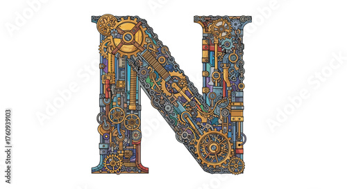 Intricate steampunk alphabet letter N design featuring gears cogs and mechanical elements.