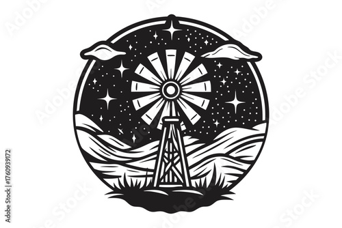 Silhouette art shows a vintage windmill under stars enclosed in a circular frame