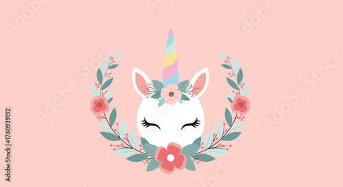 A whimsical illustration of a white unicorn with a rainbow horn surrounded by a floral wreath.