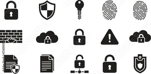 Security Concept with Padlocks Shields Keys Fingerprints and Warning Signs