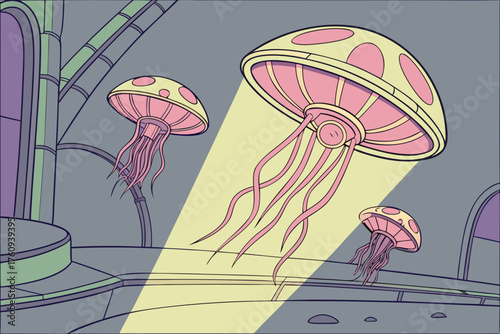 Vector art of alien jellyfish floating in a futuristic underwater city landscape