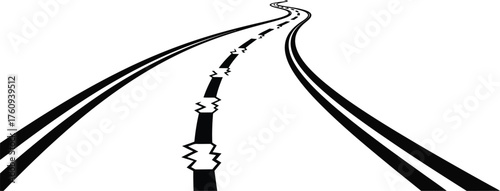 Perspective View of Winding Black Road with Crack on a Transparent Background