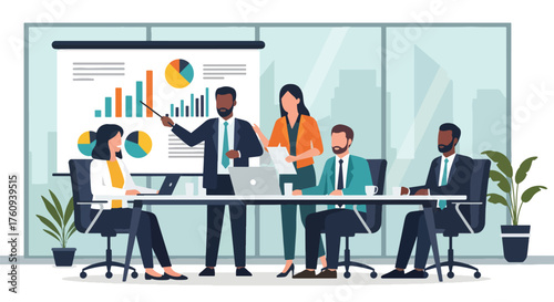 Flat style illustration of a business team in a meeting discussing charts and data in a modern office, symbolizing strategy, analytics, teamwork, and corporate growth