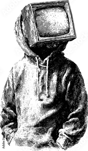 A person with a retro tv for a head in a hoodie. Monochrome handdrawn illustration with vintage grunge style. Urban surreal vector illustration.
