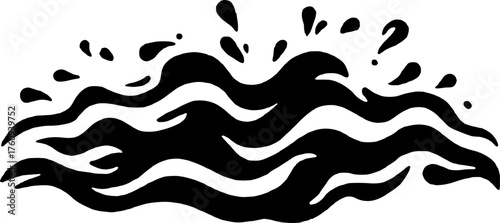 Black wave illustration with splash effects. Simple and elegant vector design in a vintage line drawing style on a white background.