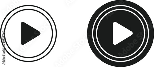 Play Button Icons Set, Circular Media Symbols, Outline and Solid Style, Transparent