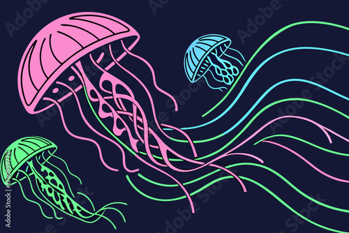 Vector art of three colorful jellyfish swimming in the deep blue ocean water world