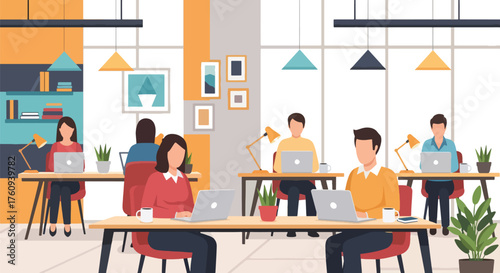 Flat style illustration of people working in a modern coworking office with laptops, plants, and relaxed seating, representing teamwork, productivity, and contemporary workplace culture