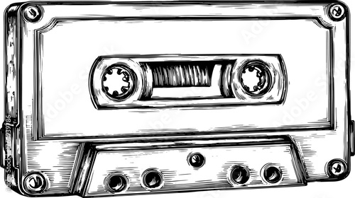 Cassette audio recording device in vintage outline style. Black and white vector illustration showcasing retro media equipment.