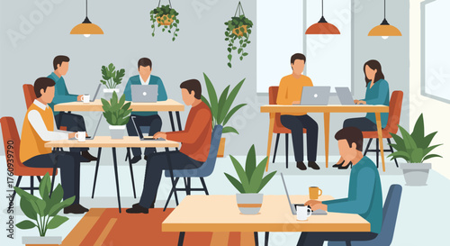 Flat style illustration of people working in a modern coworking office with laptops, plants, and relaxed seating, representing teamwork, productivity, and contemporary workplace culture