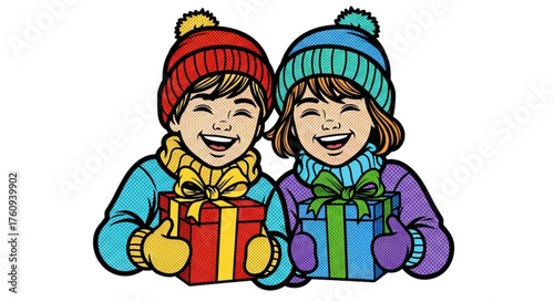 Smiling children holding Christmas gifts