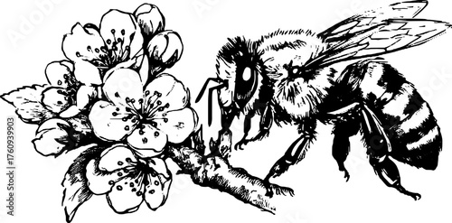 Bee on a flower. Vintage vector illustration featuring detailed drawing in black and white, showcasing a nature set.