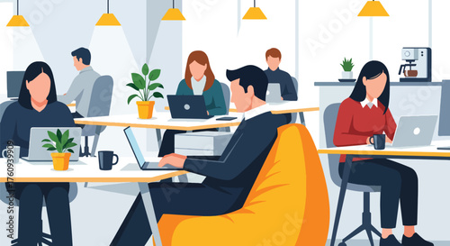 Flat style illustration of people working in a modern coworking office with laptops, plants, and relaxed seating, representing teamwork, productivity, and contemporary workplace culture