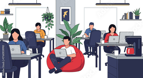 Flat style illustration of people working in a modern coworking office with laptops, plants, and relaxed seating, representing teamwork, productivity, and contemporary workplace culture