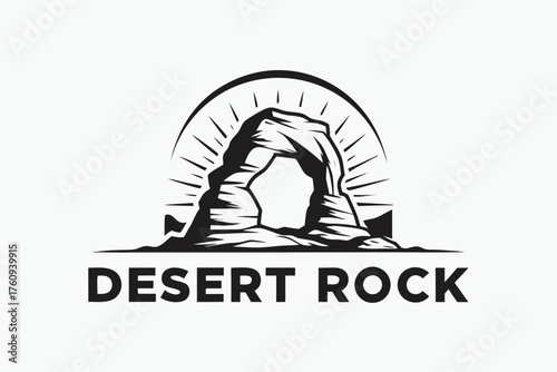Silhouette features a dramatic rock arch with radiating lines above a desert landscape