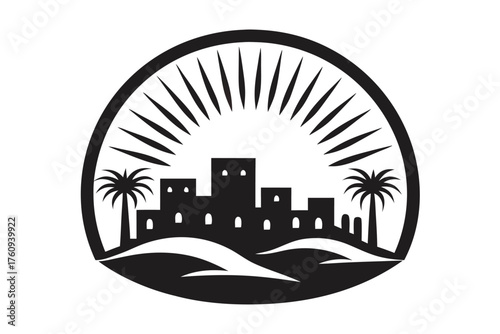 Silhouette cityscape under sunburst with palm trees, presented within a black oval framework