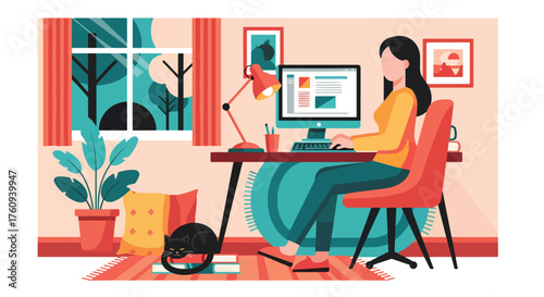 Flat style illustration of a woman working remotely at home with a computer and a sleeping cat, symbolizing freelance work, productivity, comfort, and modern work-life balance