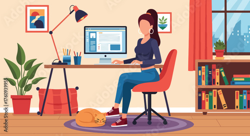 Flat style illustration of a woman working remotely at home with a computer and a sleeping cat, symbolizing freelance work, productivity, comfort, and modern work-life balance