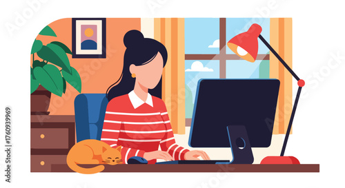 Flat style illustration of a woman working remotely at home with a computer and a sleeping cat, symbolizing freelance work, productivity, comfort, and modern work-life balance