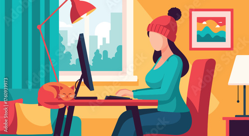 Flat style illustration of a woman working remotely at home with a computer and a sleeping cat, symbolizing freelance work, productivity, comfort, and modern work-life balance