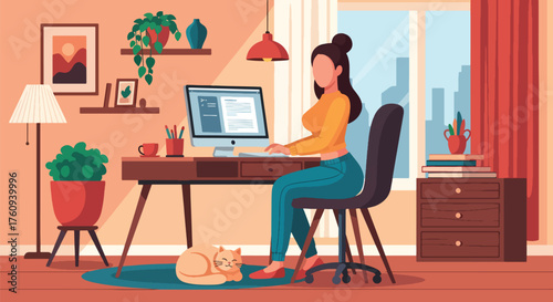 Flat style illustration of a woman working remotely at home with a computer and a sleeping cat, symbolizing freelance work, productivity, comfort, and modern work-life balance