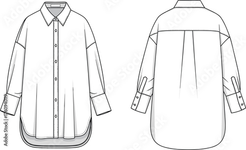 Long sleeve button up shirt flat sketch, front and back view, pointed collar, curved layered hem, fashion garment technical drawing