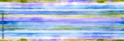 Wallpaper Mural Seamless, repeat pattern featuring hand-painted horizontal stripes in various shades of blue, purple, and subtle green, created with a watercolor effect. Conveys simplicity, handmade quality, textile, Torontodigital.ca