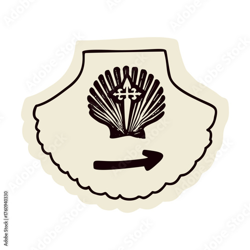 Camino pilgrims way shell signpost symbol icon of scallop sign. St James cross route religious motif sign for walkers seeking sanctuary on European Santiago de Compostela sacred holy pilgrimage road.