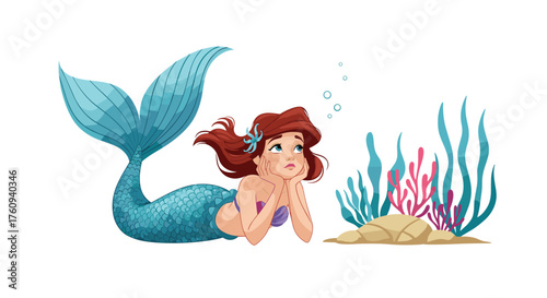 A young mermaid dreams of the human world while resting by colorful coral reefs.