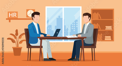 Flat style illustration of a job interview in a modern office, showing an HR manager and candidate discussing employment opportunities, recruitment, and professional career growth