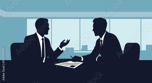 Flat style illustration of a job interview in a modern office, showing an HR manager and candidate discussing employment opportunities, recruitment, and professional career growth