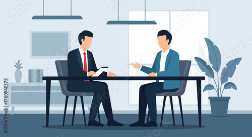 Flat style illustration of a job interview in a modern office, showing an HR manager and candidate discussing employment opportunities, recruitment, and professional career growth