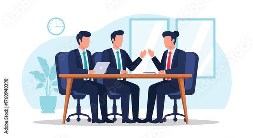 Flat style illustration of a job interview in a modern office, showing an HR manager and candidate discussing employment opportunities, recruitment, and professional career growth