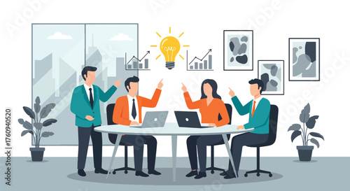 Flat style illustration of a business team brainstorming new ideas in a modern office, symbolizing creativity, innovation, teamwork, and strategic planning for company growth and success
