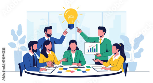 Flat style illustration of a business team brainstorming new ideas in a modern office, symbolizing creativity, innovation, teamwork, and strategic planning for company growth and success