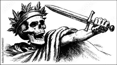 Vintage skeleton holding a sword in a dramatic pose. Detailed outline vector illustration with a retro, monochrome design.