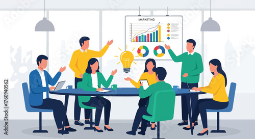 Flat style illustration of a business team brainstorming new ideas in a modern office, symbolizing creativity, innovation, teamwork, and strategic planning for company growth and success