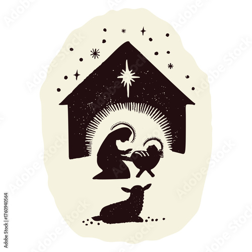 Hand drawn christian christmas nativity characters. Mary,the baby Jesus christ child born in crib in manger barn with sheep. Isolated vector icon for season greeting card.