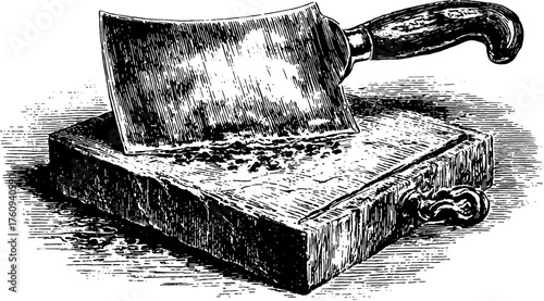 Vintage kitchen cleaver on wooden board. Engraving vector illustration showcasing traditional culinary tools in a simple, clean style.