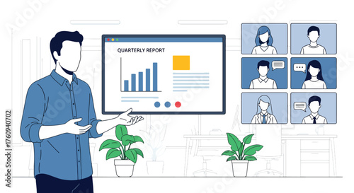 Flat style illustration of a business professional hosting an online meeting in a modern office, symbolizing remote teamwork, digital communication, and corporate collaboration