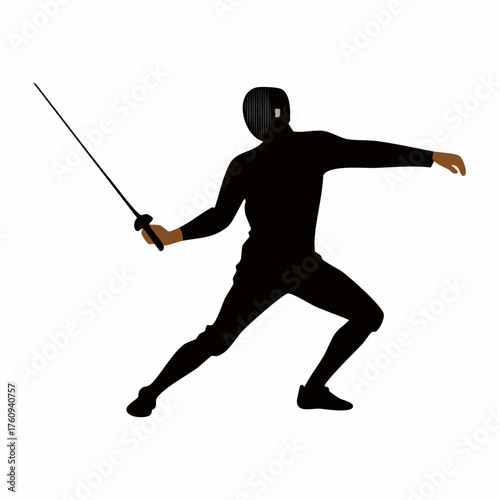 Black Silhouette of Fencer in Full Protective Gear with Foil Mid Thrust Against White Background Sportsmanship Agility Precision Training Martial Arts