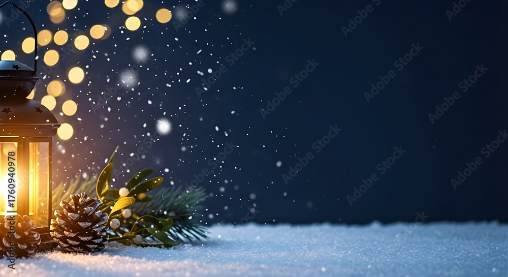 Naklejka premium Winter lantern glowing in the snow with pine cones and Christmas greenery.